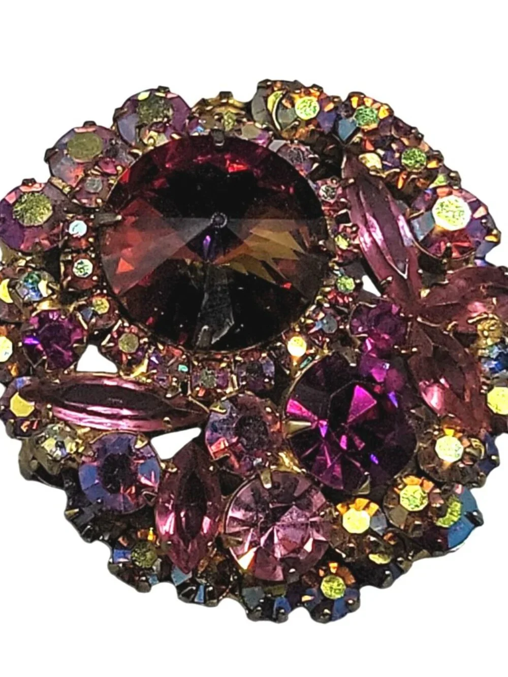 Juliana D&E Vintage Watermelon Rivoli Brooch Layered Pink Fuchsia AB Rhinestones